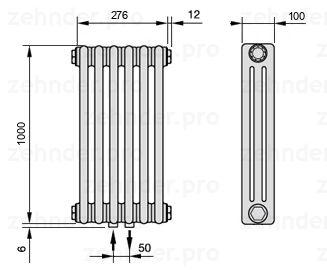 Схема (чертеж) Радиатор Zehnder Charleston 3100/6 №3470 Белый глянцевый RAL 9016